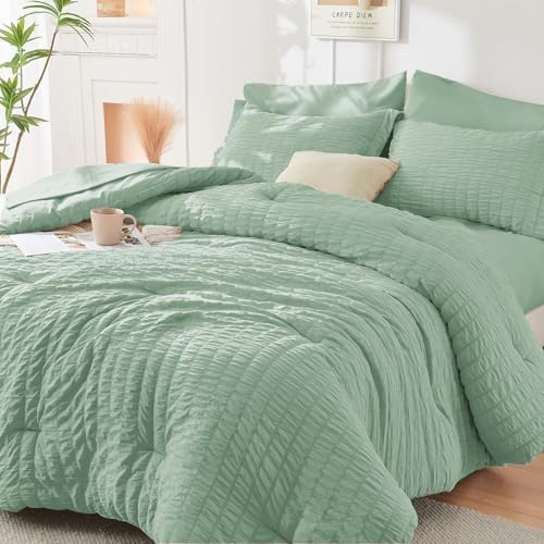 HYMOKEGE Sage Green Oversized Queen Comforter Set Seersucker 7 Pieces, All by HYMOKEGE
