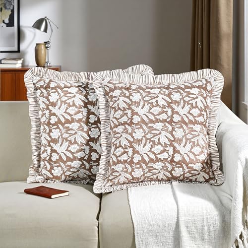 Ridhi Oak Brown Block Print Ruffle Pillow Covers 24x24 Inch Set of 2 - Image 5