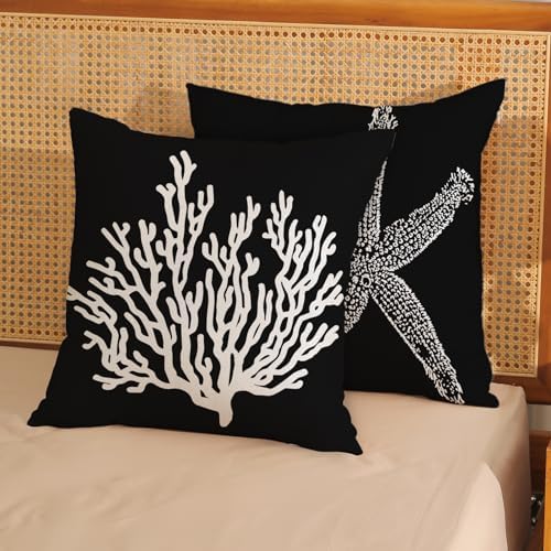 Coastal Pillow Covers 18x18 Set of 2 Black Starfish Throw Pillows Nautical - Image 2
