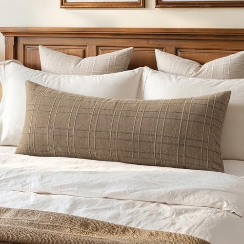 MIULEE Long Lumbar Throw Pillow Cover 14x36 Soft Linen Check Decorative by MIULEE