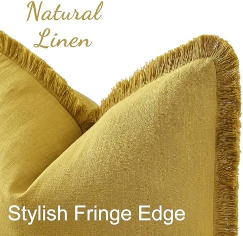 decorUhome Linen Fringe Mustard Yellow Throw Pillow Covers 22x22 Set of 2 - Image 2