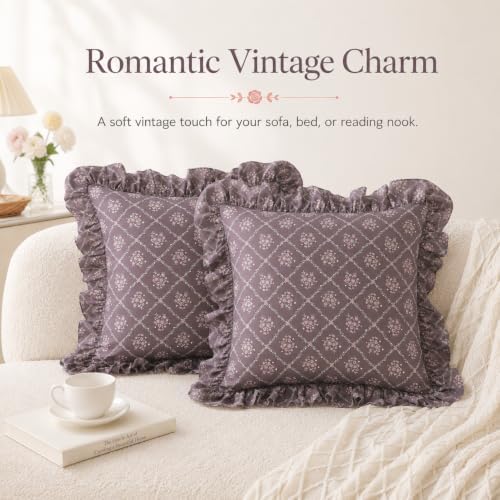 Floral Throw Pillow Covers 20x20, Dusty Mauve, Ruffle Trim, 2 Pack - Image 2