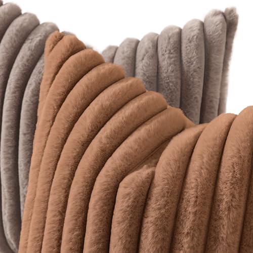 decorUhome Fall Faux Fur Throw Pillow Covers 18x18 Set of 2 Brown - Image 2