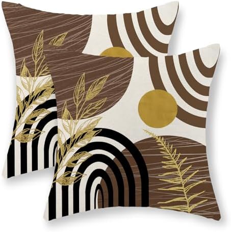 Boho Brown Pillow Covers 18x18 Set of 2 Brown Gold Leaf Tropical Decor Mid by GOLIANDA