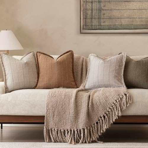 Foindtower Set of 2 Decorative Linen Check Fringe Throw Pillow Covers Farmhouse - Image 7