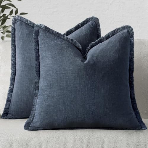 MIULEE Linen Fringe Decorative Euro Throw Pillow Covers Indigo Blue 22x22 by MIULEE