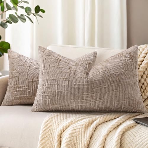 decorUhome Textured Chenille Throw Pillow Covers 12x20 Set of 2 Oatmeal by decorUhome
