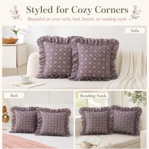 Floral Throw Pillow Covers 18x18, Dusty Mauve, Ruffle Trim, 2 Pack - Image 7
