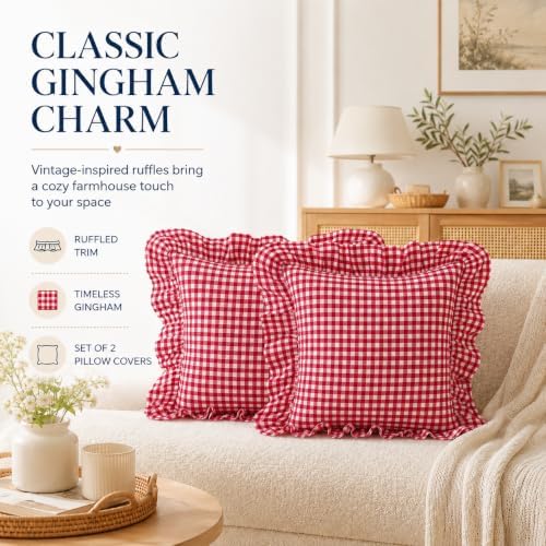 Gingham Throw Pillow Covers 18x18, Ruffle Trim - Image 2