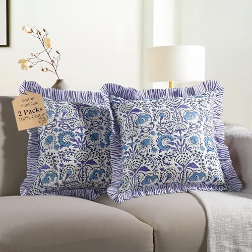 CPC Indigo Blue Ruffle Throw Pillow Covers by COTTONPRINTCLUB