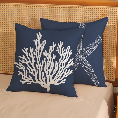 Navy Blue Coral Starfish Pillow Covers 16x16 Inch Set of 2 Coastal Throw - Image 2