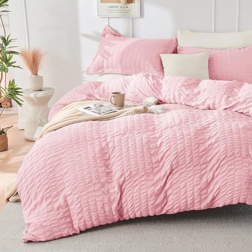 HYMOKEGE Pink/Ivory California King Comforter Set Seersucker 7 Pieces, All - Image 2