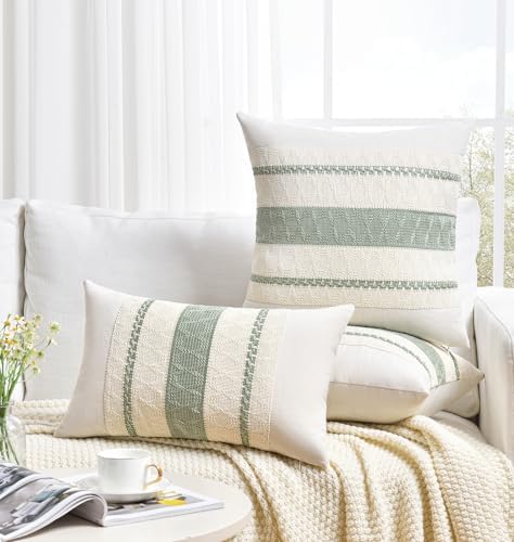 Fancy Homi Set of 2 Sage Green Boho Lumbar Decorative Throw Pillow Covers 14x24 - Image 6