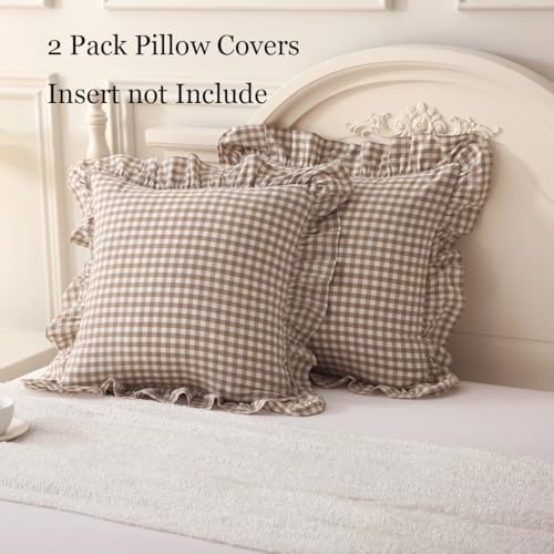 Silnuo 2 Pack Taupe/White Plaid Ruffle Throw Pillow Covers 18"x18" - Image 3