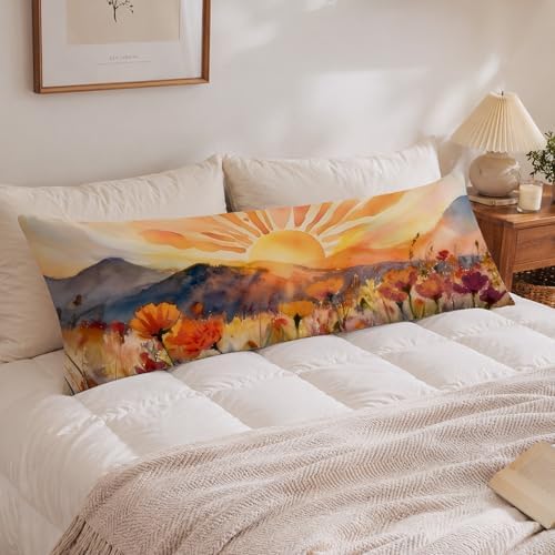 Boho Sun Mountain Floral 20x54 Body Pillow Cover, Watercolor Wildflower Boho by Unknown