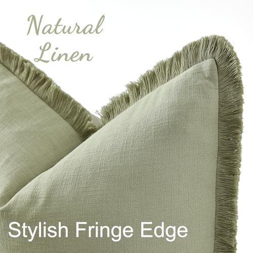 decorUhome Linen Fringe Sage Green Throw Pillow Covers 26x26 Set of 2 - Image 2