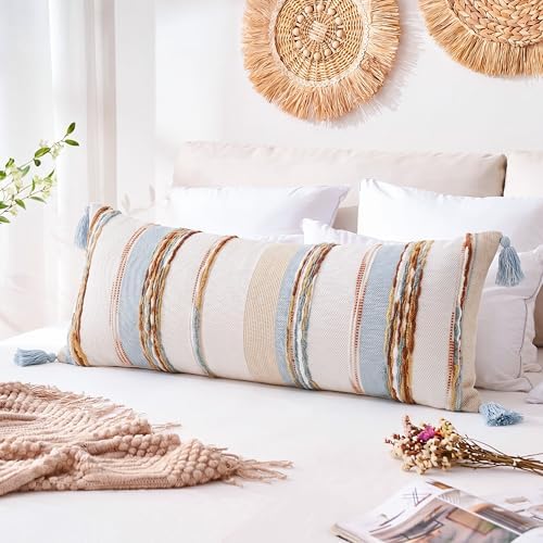 PANOD Boho Long Lumbar Throw Pillow Cover 14 x 36 Blue Brown, Chenille Morocan - Image 6