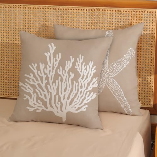 Coastal Pillow Covers 20x20 Inch Set of 2 Brown Tan Coral Starfish Throw - Image 2