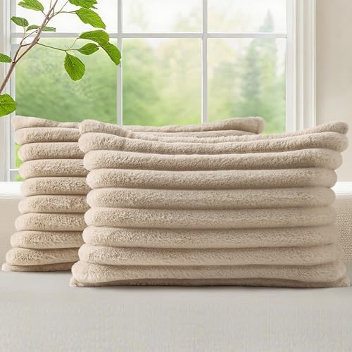 decorUhome Fall Faux Fur Throw Pillow Covers 12x20 Set of 2 Khaki Brown by decorUhome