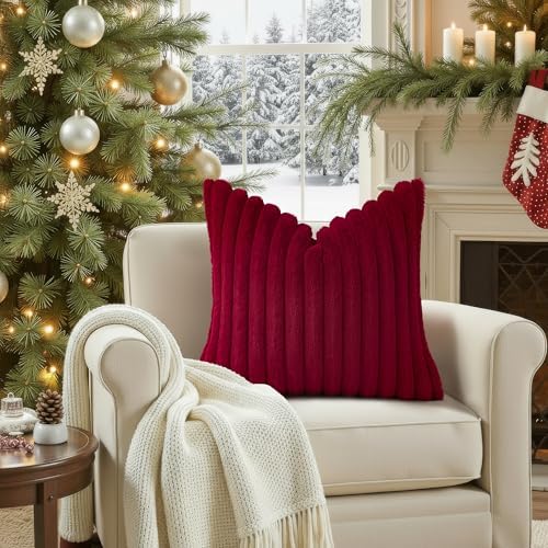 decorUhome Fall Faux Fur Throw Pillow Covers 24x24 Set of 2 Burgundy - Image 4