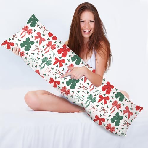 Red and Green Christmas Bows 20x54 Body Pillow Cover, Preppy Girly Christmas - Image 3