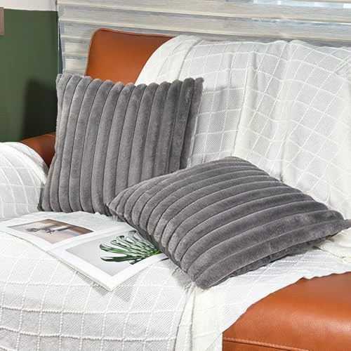COTEY 18x18 Decorative Faux Fur Throw Pillow Covers Set of 2- Dark Gray - Image 3