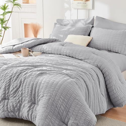 HYMOKEGE Light Grey King Size Comforter Set Seersucker 7 Pieces, All Season by HYMOKEGE