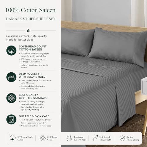 Feather & Stitch 100% Cotton Sateen 500 TC Twin Size Bed Sheet Set - Image 6
