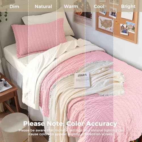 HYMOKEGE Pink/Ivory Twin Comforter Set Seersucker 5 Pieces, All Season Luxury - Image 5