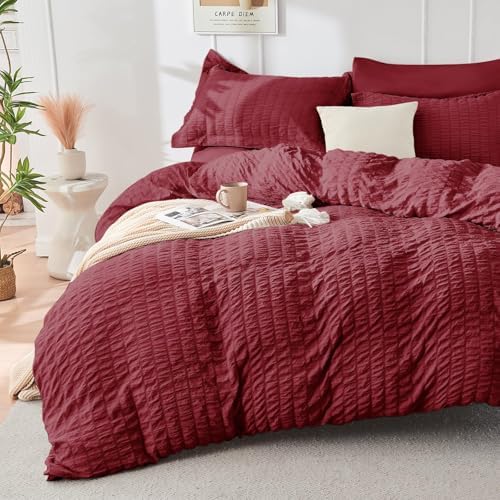 HYMOKEGE Burgundy California King Comforter Set Seersucker 7 Pieces, All Season - Image 2