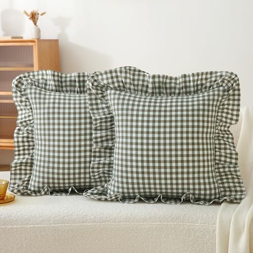 Gingham Throw Pillow Covers 22 x22, Sage Green/White, Ruffle Trim by Jilboo