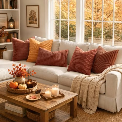 MIULEE Fall Corduroy Decorative Throw Pillow Covers 16x16 Rust Pack of 2 - Image 4