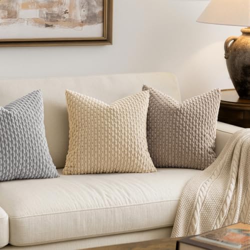 MIULEE Decorative Throw Pillow Covers 16x16 Beige Textured Corduroy - Image 2