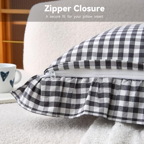 Black/White Gingham Throw Pillow Covers 22x22, Ruffle Trim - Image 6