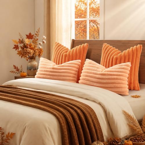 decorUhome Fall Faux Fur Throw Pillow Covers 18x18 Set of 2 Pumpkin Orange - Image 6