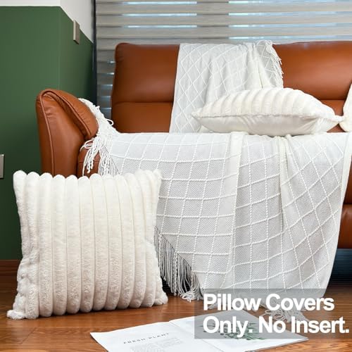 COTEY 18x18 Decorative Faux Fur Throw Pillow Covers Set of 2- Cream White - Image 2