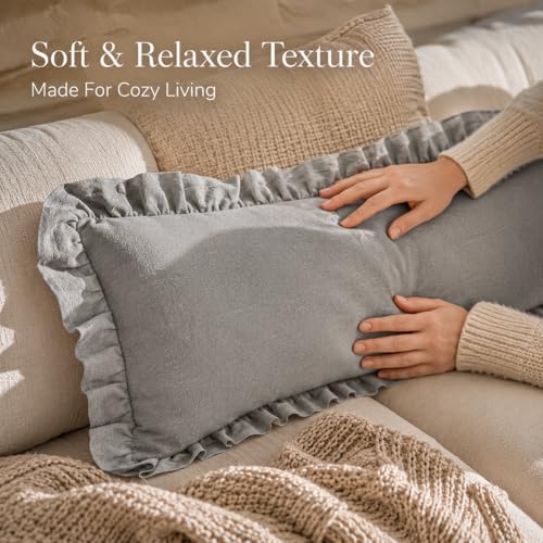 JoraLion Ruffled Lumbar Pillow Cover 14x36 Solid Light Gray - Image 6