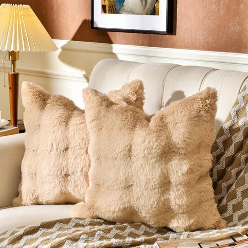 AmHoo Pack of 2 Throw Pillow Covers 3D Dense Faux Rabbit Fur Cozy Super Soft by AmHootextile