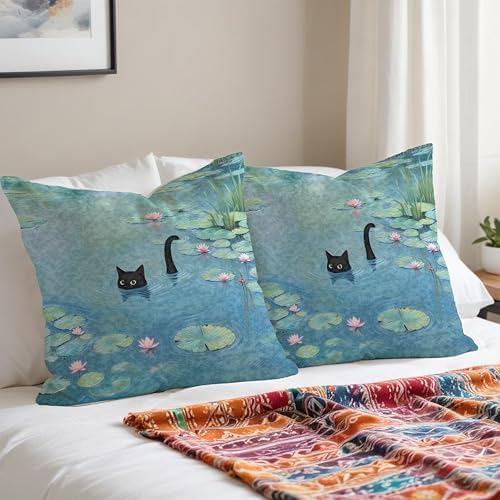 Black Cat Art Painting Throw Pillow Covers 18x18, Aesthetic Black Cat Decor - Image 3