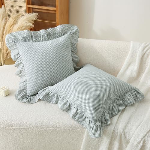 Gingham Throw Pillow Covers 18x18, Ruffle Trim by Jilboo