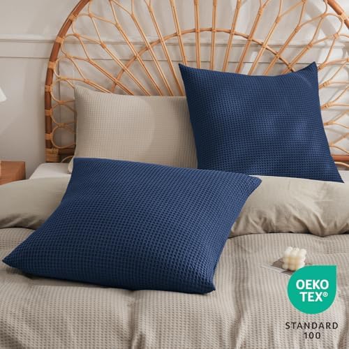 PHF Cotton Waffle Throw Pillow Covers 20"x20", Bright Navy Blue, No Insert - Image 2