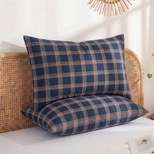 Merryword 100% Cotton Pillow Cases, King Size, Washed Cotton Deep Navy Plaid - Image 2