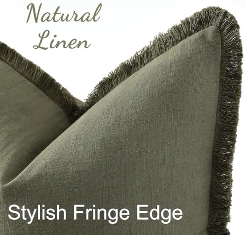 decorUhome Linen Fringe Olive Green Throw Pillow Covers 18x18 Set of 2 - Image 2