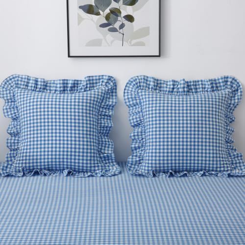 Silnuo 2 Pack Royal Blue/White Gingham Ruffle Throw Pillow Covers 20"x20" - Image 7