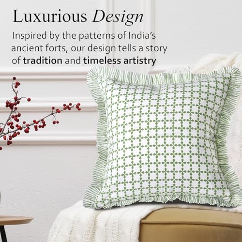 CPC Kelly Green Hand Block Print 100% Cotton Ruffle Throw Pillow Cover 18x18 - Image 4