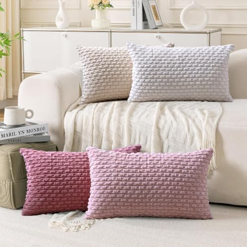 Set of 4 Pink Beige White Decorative Throw Pillow Covers 12x20 Inch Corduroy by Cozoomy