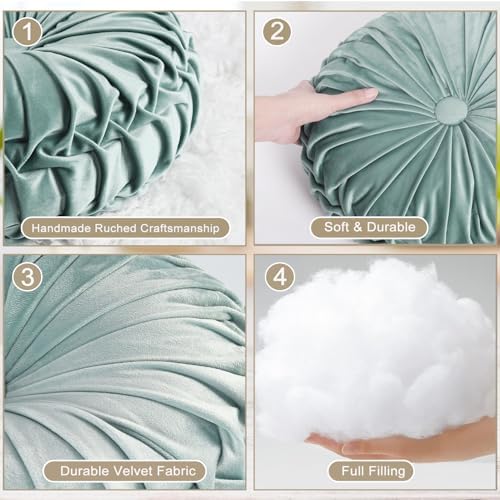 HIG Set of 2 Aqua Velvet Decorative Round Pleated Throw Pillows - Image 3