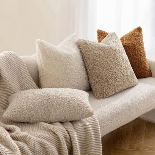 MIULEE Decorative Faux Fur Pillow Covers Sherpa 18x18 Light Camel - Image 4