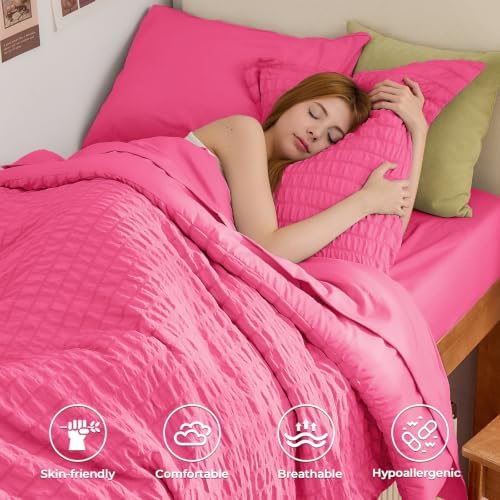 HYMOKEGE Hot Pink Twin Comforter Set Seersucker 5 Pieces, All Season Luxury Bed - Image 2