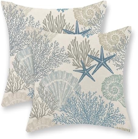 Nautical Coastal Pillow Covers 20x20 Set of 2 Blue Beach Themed Ocean Seashell by GOLIANDA